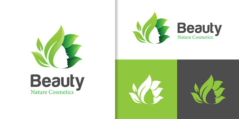 Natural green beauty face logo design with leaf icon symbol element design for woman hair salon, natural cosmetic, skincare