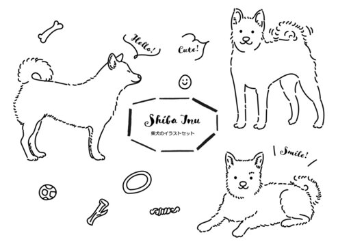 柴犬の手書きイラストセット　線画