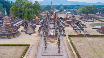 Fototapeta na wymiar Aerial view Sukhothai Historical Park in Sukhothai province Northern of Thailand.