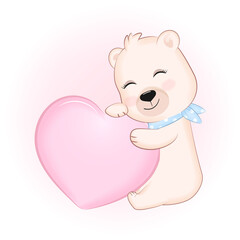 Cute little Bear with pink heart, animal cartoon illustration