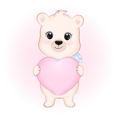 Cute little Bear with pink heart, animal cartoon illustration