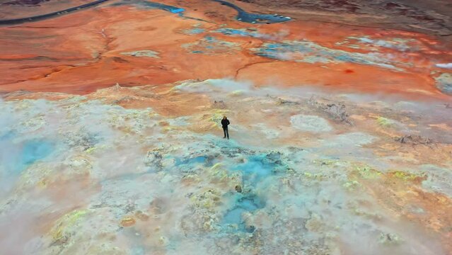 Aerial View of a Man In Front of Steaming Fumaroles in Hverir Geothermal Arean