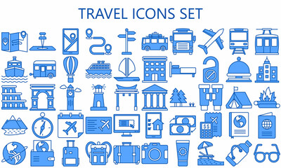 Tour and travel blue color icons. Contains such Icons as World Map, Connections, Global Business. Used for modern concepts, web, UI, UX kit and applications. vector EPS 10 ready to convert to SVG.