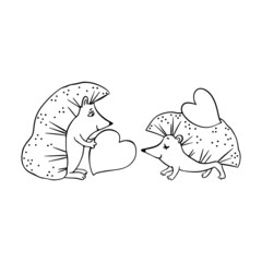 Funny hedgehogs with hearts in outline style. Design elements for Valentine's Day on a white background.