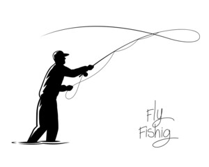 Silhouette fisherman throw hook, Drawing man doing fly fishing activity.
