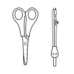 Vector scissors and circle compass. Set of school supplies. Minimalist office tools line art. Hand drawn stationary