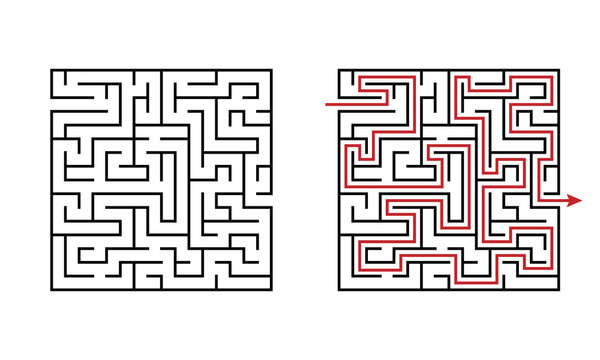 Maze labyrinth educational game for kids with solution. Challenging puzzle to practice toddler logic. Find the way out