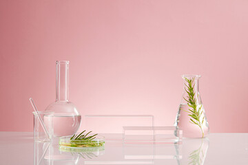 Front view of science working with chemical reaction in chemistry laboratory . liquid in transparent test tube and pink blackground with blank space for advertising 