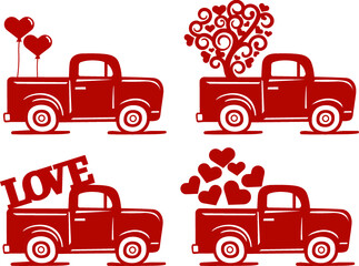 Set valentine's red truck with hearts. Flat vector illustration