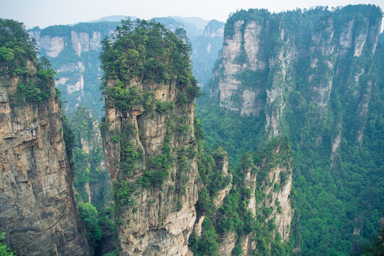 Horizontal immage of the Avatar Hallelujah mountain in the sunset sun with the clear blue sky in Wulingyuan National Forest Park, Zhangjiajie, Hunan, China, copy spce for text, wallpaper, background