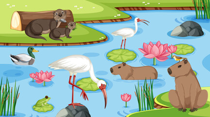 Various animals in the pond