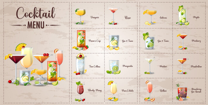A printed menu of cocktails
