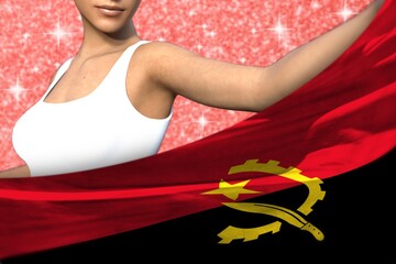 beautiful girl holds Angola flag in front on the red shining sparks background - flag concept 3d illustration
