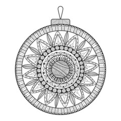 Christmas ball, ornament. Black and white illustration for coloring book.