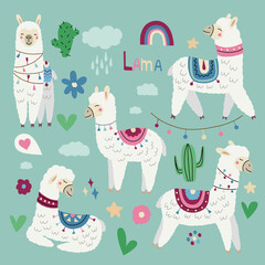 Set with cute lamas in different poses. Vector illustration for decorating nursery and textile