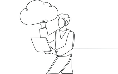 Single one line drawing businessman holding laptop and rising cloud in his hands. Working big data concept. Continuous line draw design graphic vector illustration.