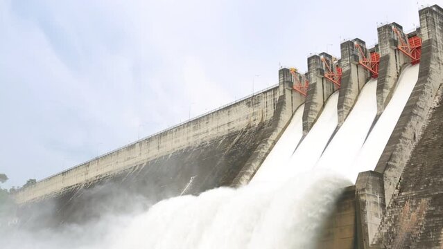 water release at spillway Compacted Concrete Dam, Khun Dan Prakan Chon dam	