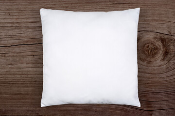 Square White Throw Pillow Mockup on Rustic Brown Wood