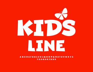 Vector funny template Kids Line with decorative Butterfly. Playful white Font. Simple style Alphabet Letters and Numbers set