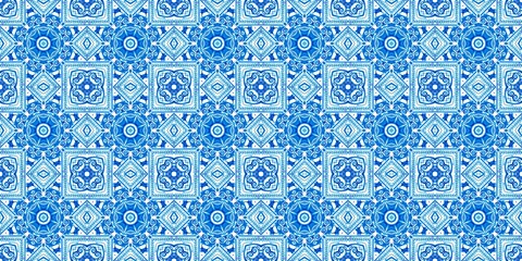 Blue white watercolor azulejo tile border background. Seamless coastal geometrical floral mosaic effect banner. Ornamental arabesque summer fashion repeat edge trim.