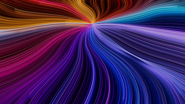 Abstract Neon Lines Background with Orange, Pink and Turquoise Swirls. 3D Render.