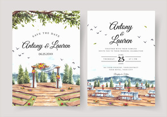 Watercolor wedding invitation of wedding gate and pine trees view 