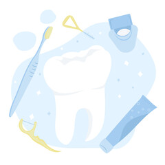 Teeth care products. Tooth, toothbrush, toothpaste, floss, toothpick. Oral hygiene, care. Vector illustration