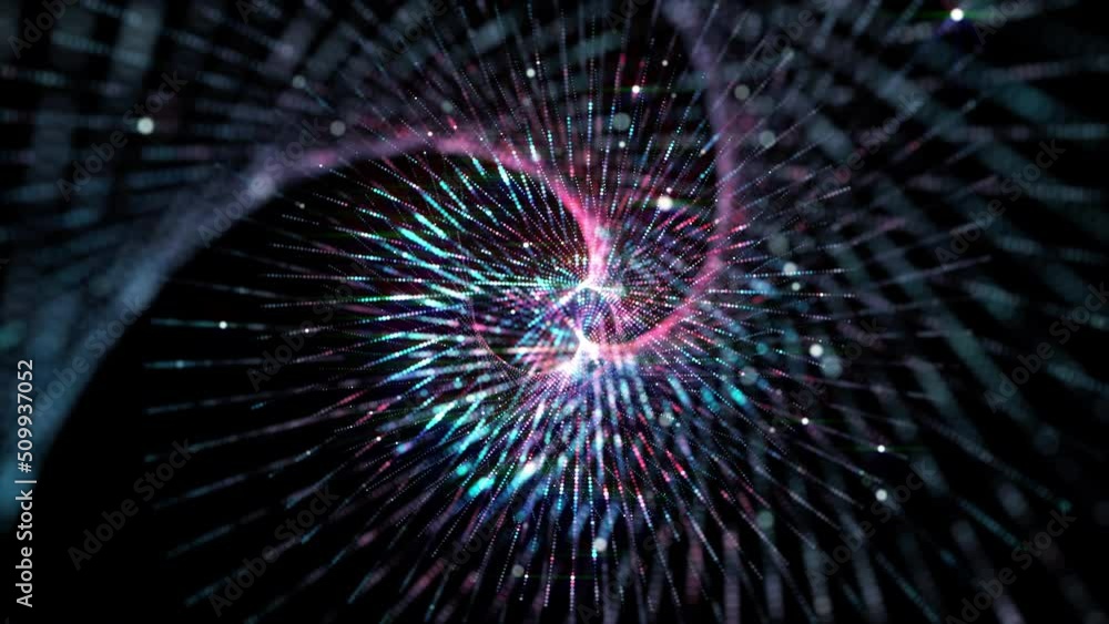 Poster loop of beautiful glowing light sparkling magical dust particles in tube rotation on black backgroun