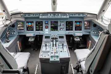 Inside the cockpit of a passenger airplane