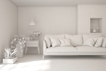 White minimalist living room with sofa. Scandinavian interior design. 3D illustration