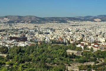 Fototapeta na wymiar Overhead view of Athens, Greece, with a park and an ancient temple in the center