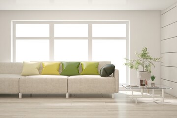 Fototapeta premium Modern living room in white color with sofa. Scandinavian interior design. 3D illustration
