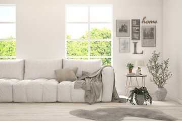 White living room with sofa and summer landscape in window. Scandinavian interior design. 3D illustration