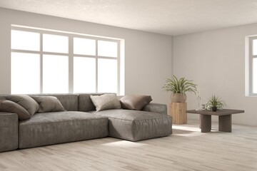 White living room with sofa. Scandinavian interior design. 3D illustration