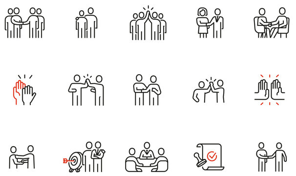 Vector Set of Linear Icons Related to Business Negotiation, Partnership and Meeting. Mono Line Pictograms and Infographics Design Elements