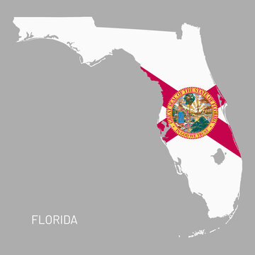 Map of Florida state with national flag inside. Highly detailed map of USA state with territory borders and federal flag, political or geographical design realistic vector illustration