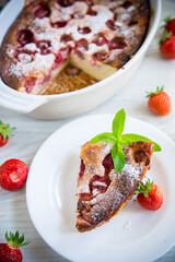 Sweet cottage cheese casserole with strawberry filling