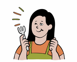 フォークで楽しそうに食事をする女性のイメージイラスト