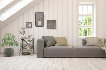 White living room with sofa. Scandinavian interior design. 3D illustration