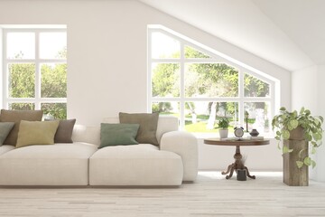 White living room with sofa and summer landscape in window. Scandinavian interior design. 3D illustration