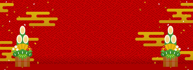 お正月　門松、雲、紙吹雪のフレーム・背景素材（バナー向け　横長）