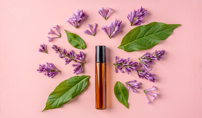 Glass bottle with cosmetic oil and leaves and flowers lilac on a pink background