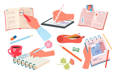 People work with school or office stationery, write on paper pages of notepad, notebook set vector illustration. Cartoon human hands holding pen, pencil, graphics tablet stylus isolated on white