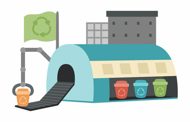 Vector waste recycling plant icon. Garbage sorting factory illustration. Trash recycle illustration. Cute earth day landscape or scene .