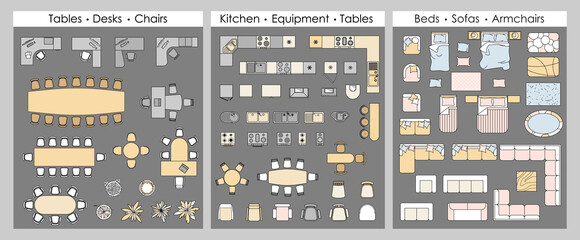 Furniture outline top view. Set of isolated colored linear icons for interior, plan, project. Vector objects and elements for office, apartments, living room, bedroom. Bed, sofa, table. Floor plan - obrazy, fototapety, plakaty