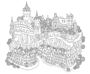 Vector fantasy landscape, fairy tale small town street, medieval castle on the hill. Black and white adults and children Coloring Book page 