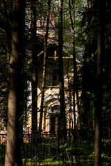 View through the trees to the old manor house in the forest, vertical. Turliki Estate, Obninsk, Russia