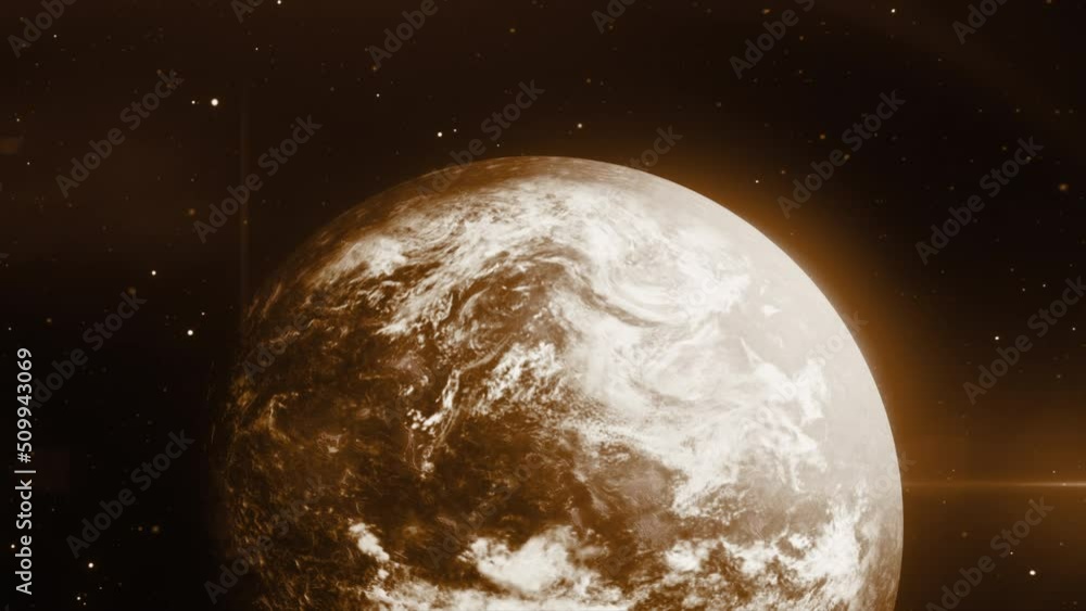 Poster cosmic background with an unknown alien planet. motion. slowly rotating spherical shape planet in ga