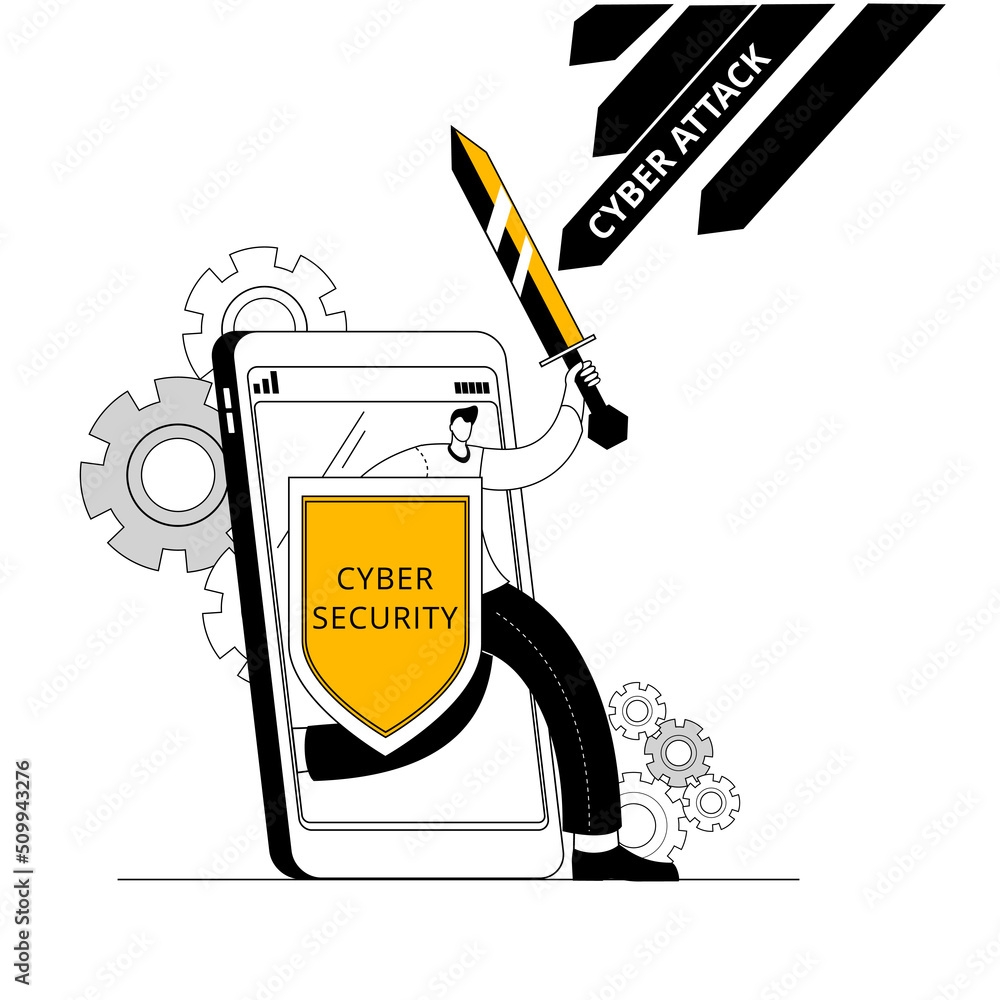 Aufkleber a man with a shield and a sword comes out of a smartphone and repels a cyberattack. concept of a vec