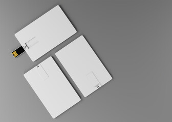 Blank white plastic wafer usb card design mockup, 3d rendering. Visiting a flash drive business card mock up. Disc gift presentation.